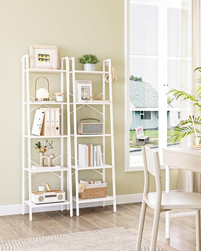 Ladder Shelf, Bookshelf Bookcase, Freestanding Corner Storage Shelve with 2 Hooks for Home Office, Living Room, Kitchen, Bedroom, Industrial, 11.8" D x 17.3" W x 63" H, White BC19213W