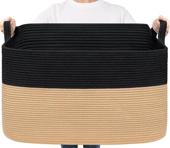 Goodpick Large Woven Blanket Basket 23.6" x 15.7" x 13.8" Cotton Rope Storage Organizer for Dirty Clothes Pillows, Wicker Storage Basket for Living Room Bedroom, Black & Jute