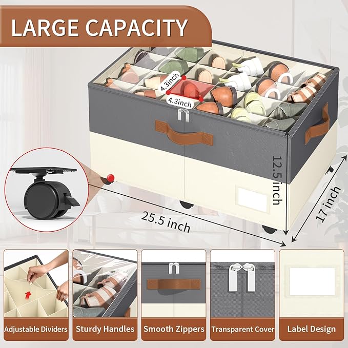 Shoe Organizer for Closet, Shoe Storage Organizer with Wheels and Adjustable Dividers, Stackable Shoe Storage Box with Clear Cover, Closet Shoe Organizer Fits up to 24-48 Pairs, Gray and Beige