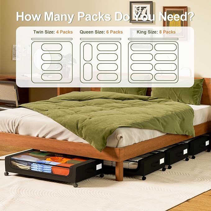 GoMaihe Under Bed Storage with Wheels: 48L Underbed Storage Containers with Clear Lids - Rolling Drawers & Bins for Shoes Clothes in Dorm Bedroom - Space-Saving Easy Pull-out Black 2-Pack