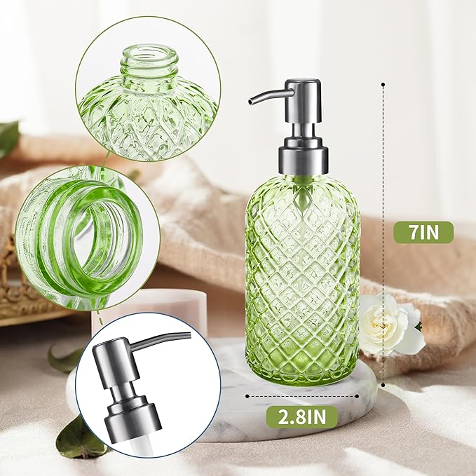 14 Oz Refillable Glass Soap Dispenser with Rust Proof Stainless Steel Pump, for Dispense Hand soap, Body wash, Lotion 2pack (Green)