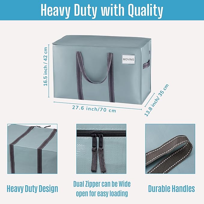 VENO 4 Pack Moving Bags and Large Christmas Storage Bins with lids. Alternative to Moving Boxes, Packing Supplies for College. Extra Large Heavy Duty Totes for Packaging (Light Blue Matte, 4 Pack)