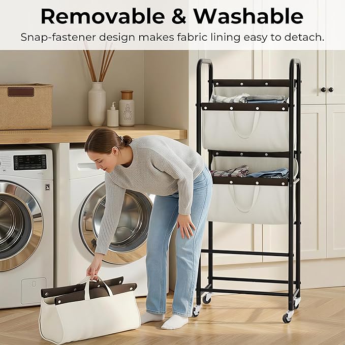 GRANNY SAYS 3 Tie Laundry Sorter, Laundry Basket with Wheels, Laundry Room Organization and Storage, 3 Section Rolling Laundry Cart for Dorm, Bathroom, Bedroom, Closet, Beige
