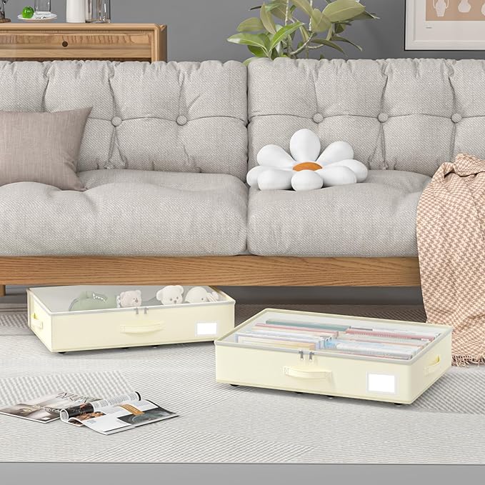 EE-RoomWorld Under Bed Storage with Wheels, No Assemble Required 5.5 inches height beige under bed storage bins,Low Profile Rolling Underbed Shoe Storage containers，dorm underbed storage drawers