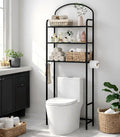 3-Tier Over The Toilet Storage, Bathroom Organizer, Space-Saving, Above Toilet Storage Rack with 4 Hooks and Paper Holder, Metal Shelf, Black
