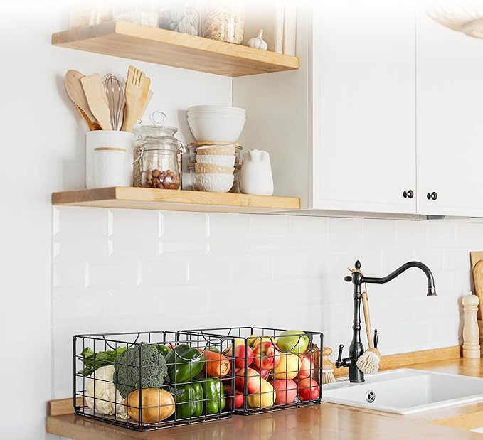 Metal Wire Basket Organizer Foldable Set of 6, Food Storage Mesh Bin with PVC Sheet, Freezer Organizer Bins for Pantry Closet Bathroom-Black