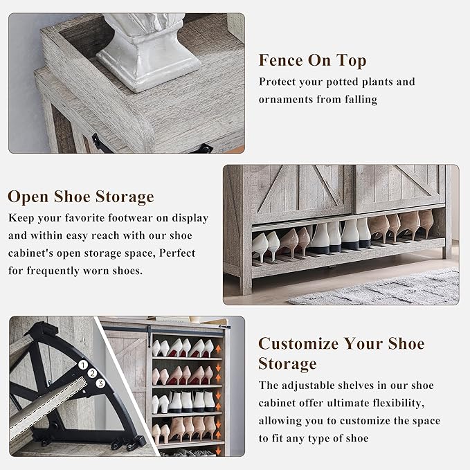 OKD Shoe Storage Cabinet with 2 Flip Drawers & Sliding Door, Farmhouse Entryway Shoe Organizer, Freestanding Rustic Hidden Shoe Rack Cabinet for Entryway, Light Rustic Oak
