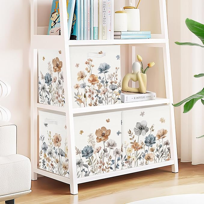 Clastyle Flowers Storage Cube Organizer Set Handle Closet Clothes Cube with Metal Frame Foldable Parents Organizer Storage Basket for Book Toy,Boho Brown,11.8x11.8x11.8 in