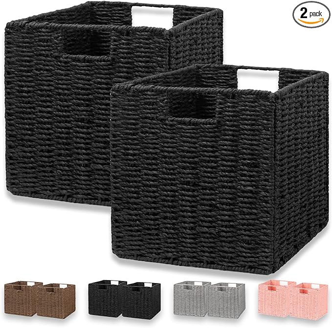 Vagusicc Wicker Storage Basket, Set of 2 Hand-Woven Wicker Basket, Foldable Cube Storage Bin, Black Storage Basket, Square Storage Baskets for Organizing Shelves & Decor, Black (11″×11″×11″)
