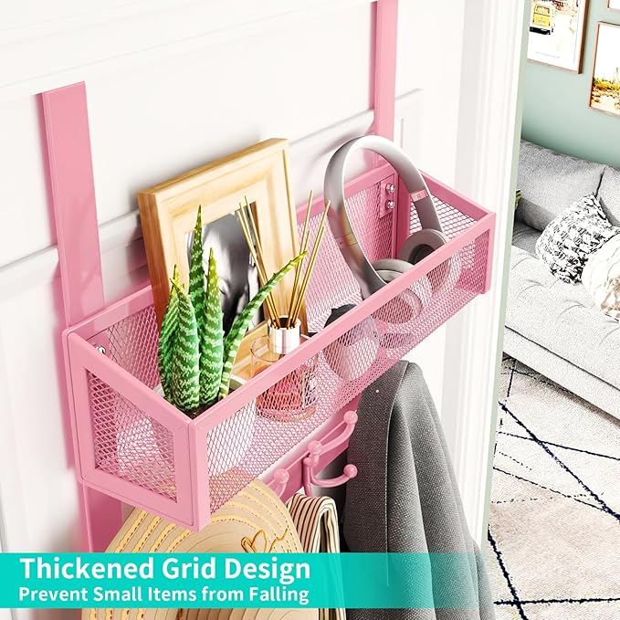 HapiRm Over The Door Hooks - Easy Installation Pink Door Hanger with Basket and 16 Hooks, 304 Stainless Steel Storage Organizer for Towels, Coats, Bathroom, Kitchen, Dorm-Pink
