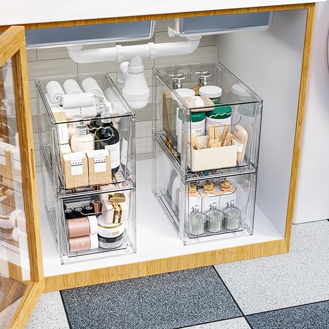 SUOXING 4 Pack Clear Stackable Storage Drawers,7.3″ High Large Baby Bottle Organizer,Bathroom Closet Organizers and Storage,Acrylic Storage Containers and Home Edit Organizer Bins for Cabinets,Pantry