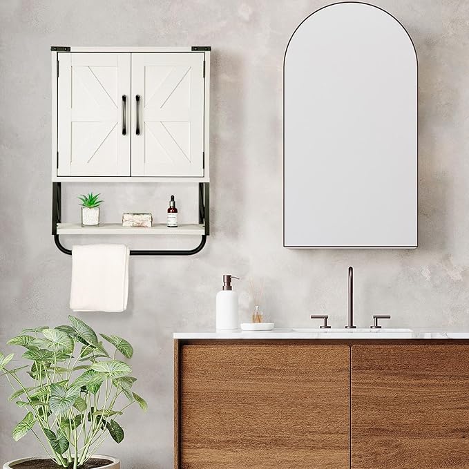 RUSTOWN Farmhouse Medicine Cabinet with 2 Barn Door, Wood Wall Mounted Storage Cabinet with Adjustable Shelf and Towel Bar, 3-Tier Bathroom Cabinet for Bathroom, Living Room(Vintage White, Medium)