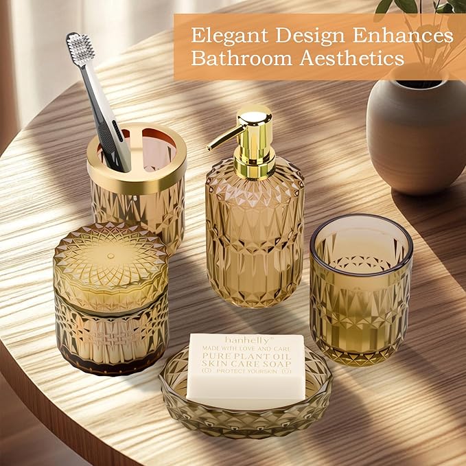 Brown Bathroom Accessories Set, 5Pack Clear Glass Bathroom Accessories, Includes Lotion Soap Dispenser, Toothbrush Holder, Qtip Holder and Soap Dish, Vintage Bathroom Decor