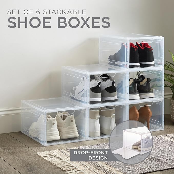 Simplify Shoe Storage Boxes 6 Pack | Easy Assembly | Stackable | Great for Shoe Collectors | Home Organization | Storage | Lightweight | Plastic | Dimensions 13.9" L x 9.8" W x 7" H | Clear/White |