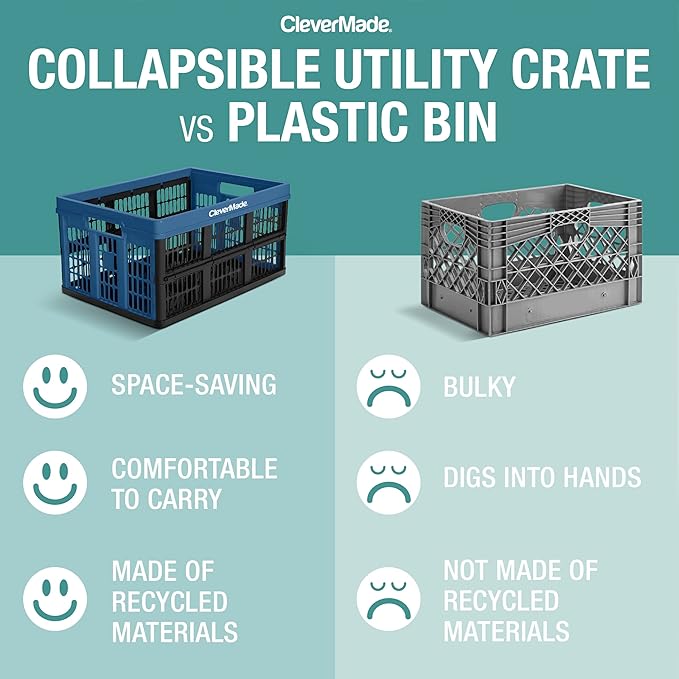 CleverMade Collapsible Utility Crates-Obsidian 3pck 45L / 11 Gal holds 66 lbs - Stackable Containers Heavy Duty Capacity Crates Space-Saving Baskets