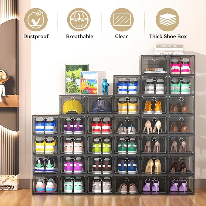 Katoora XX Large Clear Shoe Storage Box Organizer for Closet, 9 Pack Thicken Hard Plastic Stackable Shoe Sneaker Rack Display Case Container Bins Organizer, Easy Assembly, Grey