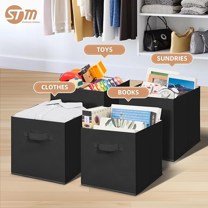 STORAGE MANIAC Storage Cubes, 11 Inch Collapsible Storage Bins with Handles, 4 Pack Fabric Foldable Bins for Organization, Durable Storage Bins for Closet, Shelves, Offices, Toys, 4-Pack Black