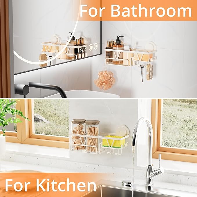 KEGII Shower Caddy Suction Cup with Soap Holder and Hooks, Removable Suction Bathroom Organizer Shelf, No Drilling Shower Organizer, Stainless Steel Shampoo Holder for Bathroom Storage, Cream White