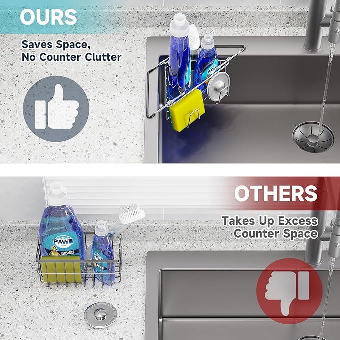 NiHome Extendable Arm Stainless Steel Kitchen Sink Corner Caddy, Easy Install Space-Saving Adjustable Sponge Holder for Most Square Standard Sinks, Non-Slip Rust-Resistant for Brushes, Soap, Sponges