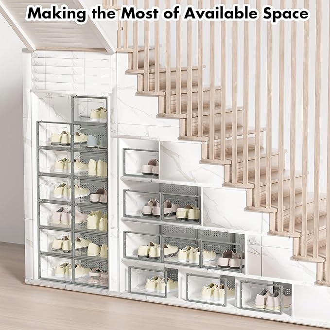 Foluck Shoe Storage Box, 15 Pack Clear Plastic Stackable Shoe Organizer for Closet, Interlocking Design Shoe Container Bins for Sneakers, Foldable Shoe Rack with Lids, Gray