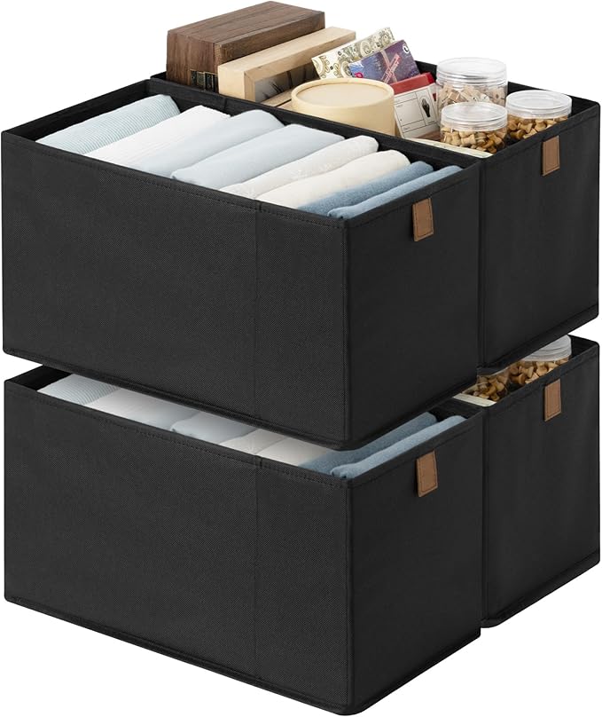 StorageWorks Fabric Storage Bins, Narrow Baskets for Storage, Small Baskets for Organizing with PU Handle, Suitable for Clothes, Books, and Toys, Black, 4-Pack