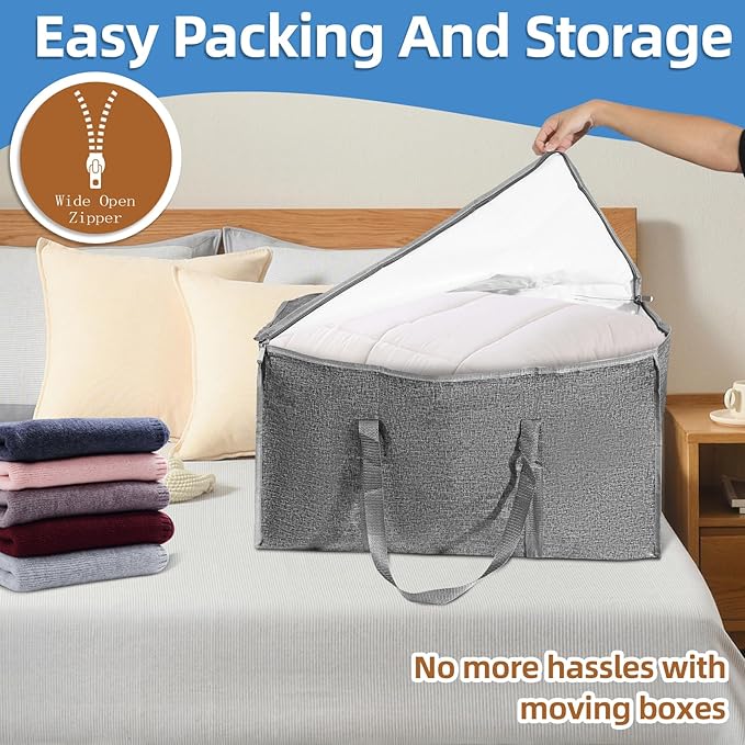 6 Pack-Extra Large Heavy Duty Moving Bags - Waterproof Storage Totes with Handles & Zippers, Foldable for College Dorm, Storage (Gray)