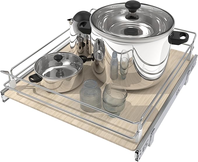 Pull Out Cabinet Organizer 20" W X 22" D, Slide Out Drawers For Kitchen Organizers and Storage, Pull Out Drawers For Cabinets Capacity Heavy Duty Caddy, Cabinet Shelves Wood Chrome, Pantry Storage