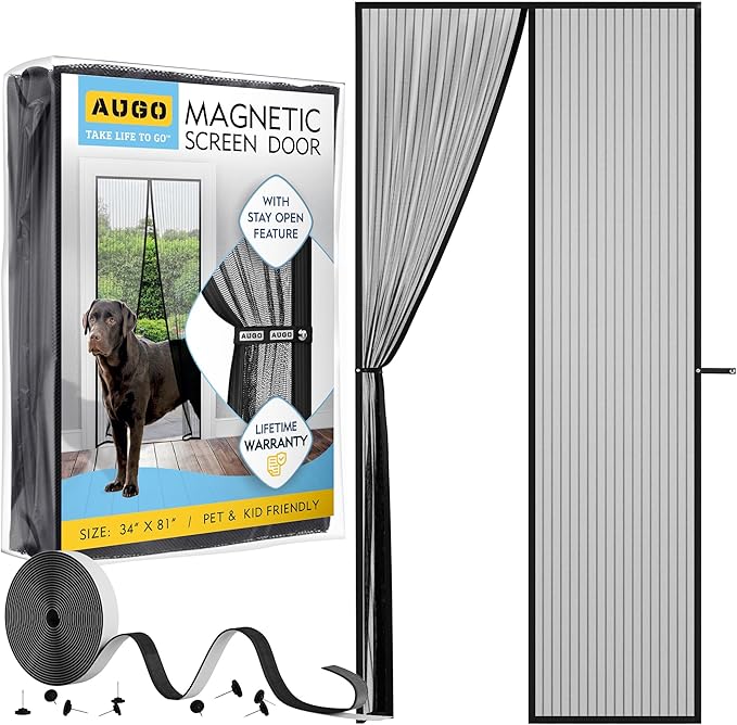AUGO Magnetic Screen Door - Self Sealing, Heavy Duty, Hands Free Mesh Partition Keeps Bugs Out - Pet and Kid Friendly - Patent Pending Keep Open Feature - 34 Inch x 81 Inch