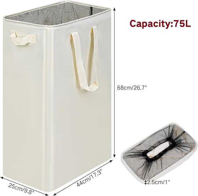 efluky Slim Laundry Basket, Narrow Laundry Hamper with Handles, Collapsible Dirty Clothes Hamper, Tall Laundry Bin for Laundry Room, Dorm and Bedroom, 19.8 Gallon (75L) Beige
