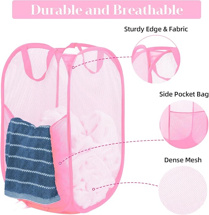 Durable Collapsible Laundry Baskets - Reinforced Mesh Pop Up Laundry Hamper with Pocket, Foldable Dirty Clothes Hamper with Carry Handles for Laundry, Bathroom, Kids Room, Dorm or Travel Pink+Grey