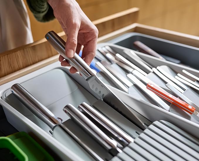 Joseph Joseph DrawerStore Expanding Tiered Flatware Cutlery Tray with Knife Organizer, Expandable In-Drawer Space-Saving Kitchen Storage, Recycled Plastic