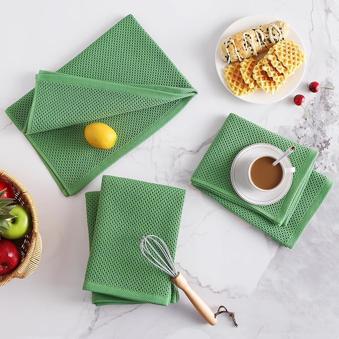 Homaxy 100% Cotton Waffle Weave Kitchen Dish Towels, Ultra Soft Absorbent Quick Drying Cleaning Towel, 20x28 Inches, 4-Pack, Grass Green
