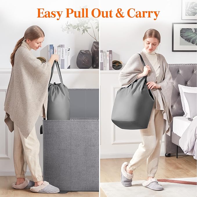 Lifewit Triple Laundry Hamper with Lid and Removable Laundry Bags, Large Collapsible 3 Dividers Dirty Clothes Basket with Handles for Bedroom Laundry Room Closet Bathroom College, 185L Gray