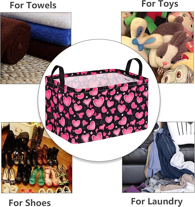 Empty Gift Basket for Girls Heart Print Storage Cube for Women, Closet Shelf Waterproof Organizer Bins with Handles Nursery hamper Kids Toys Books Box Room Deco