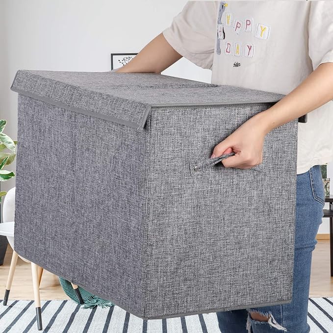 popoly Large Toy Box Storage with Lid, Collapsible Sturdy Toy Chest Storage Bin Box with Rivets Handles for Kids, Boys, Girls, Nursery, Playroom, Living Room, Bedroom, 25"x 13" x 16" (Linen Gray)