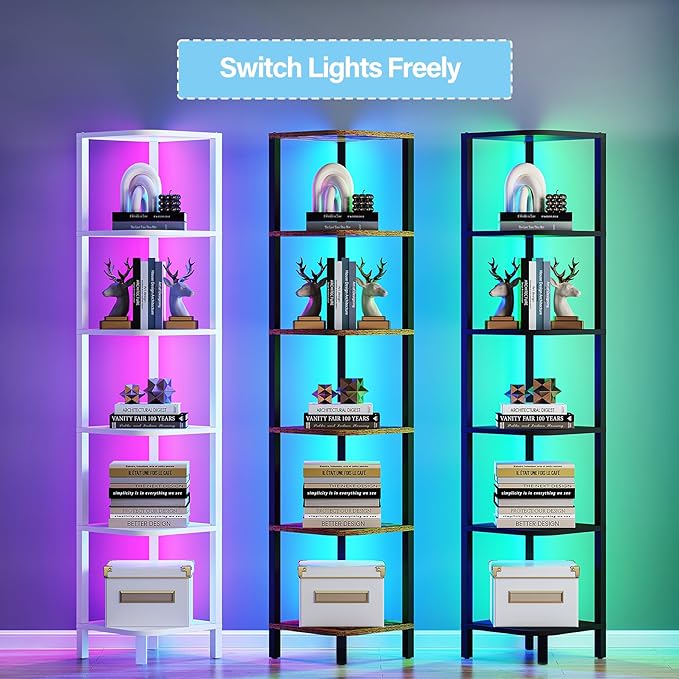 TUTOTAK Corner Shelf with LED Light, 6-Tier Corner Bookshelf for Small Space, Narrow Display Corner Shelf Stand with Storage Rack, for Living Room, Bedroom, White BS08BW006L
