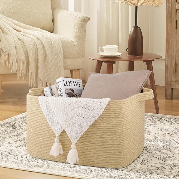 95L Extra Large Blanket Basket, 24" x 16.9" x 14.2" Woven Storage Basket for Living Room, Rectangle Nursery Blanket Storage for Toys, Towels, Dirty Clothes (Jute)