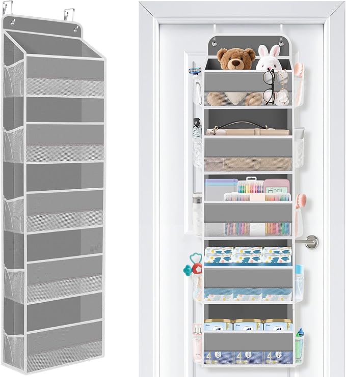 SpaceWhisper Over the Door Organizer, 5 Large Pocket Hanging Storage Organizer with 40lb Capacity, Space Saving for Nursery, Bathroom, Bedroom, Closet - Baby Essentials & Toiletry Organizer (Grey)