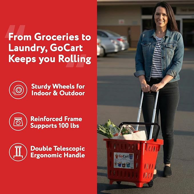dbest products GoCart, Red Grocery Cart Shopping Laundry Basket on Wheels