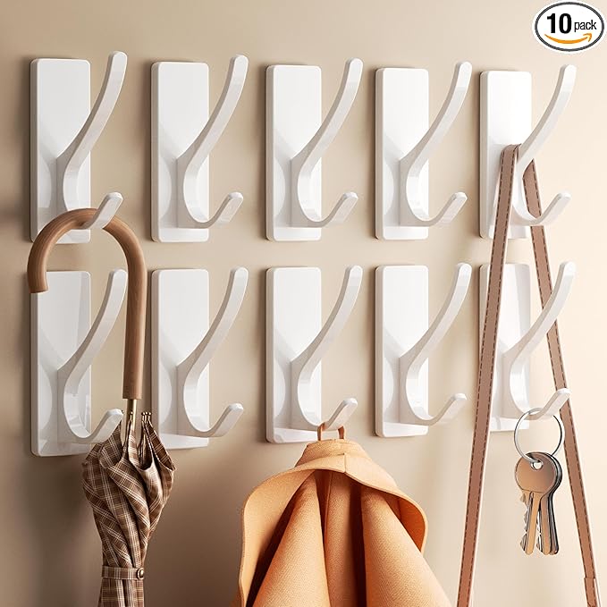 pickpiff Self Adhesive Coat Hooks for Hanging: Heavy Duty Stainless Wall Hook for Towel, Utensil, Backpack, Hat, Sturdy Metal Hanger for Bathroom, Kitchen, Door, 10 Pack, White
