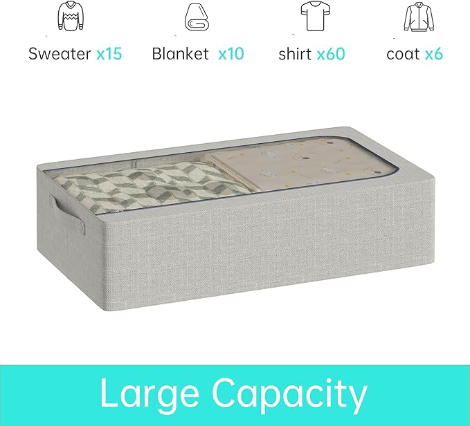 Under Bed Storage Bins with Metal Frame, Linen Fabric Frame Storage Box Clothes Organizer Bins, Underbed Container with Clear Window (Light Grey, 15.7 x 13 x 6IN)