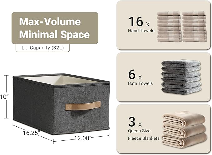 3 Pack Fabric Storage Bins for Shelves | 16.25x12x10in Closet | Collapsible Bins for Organization | Linen Clothes Storage Bins | Black
