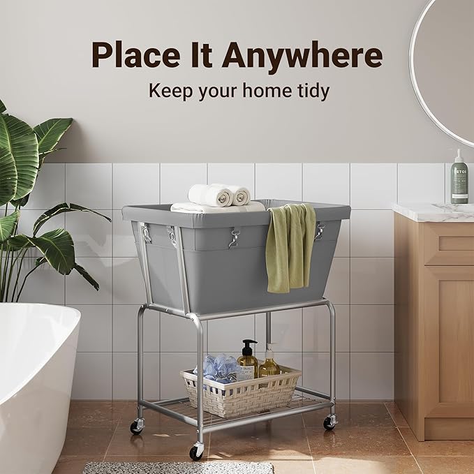 ELYKEN Laundry Cart with Wheels, Rolling Laundry Hamper with Removable Bag and Shelf, Metal Frame Laundry Basket with 4 Casters and 2 Brakes, Ideal for Bedroom, Bathroom, Laundry Room, Gray