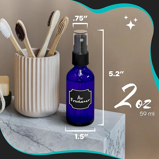 Nevlers Cobalt Blue Small Spray Bottle 2 Oz 24 Pack | Fine Mist Sprayer Set w/Shrink Wrap, Funnel, Brush, Marker & Labels | Fine Mister Spray Bottle for Perfume, Oil & More | Travel Spritzer Bottles