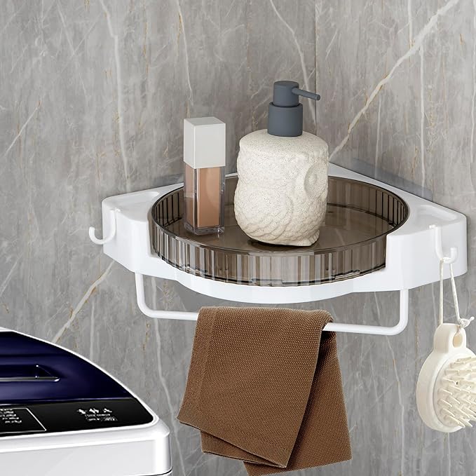 DODAMOUR 360° Rotating Corner Shower Caddy, No Drill Adhesive Turntable Shelf, Spinning Bathroom Organizer Rack with Towel Bar & Hooks for Shampoo Makeup Kitchen Spice (Grey)