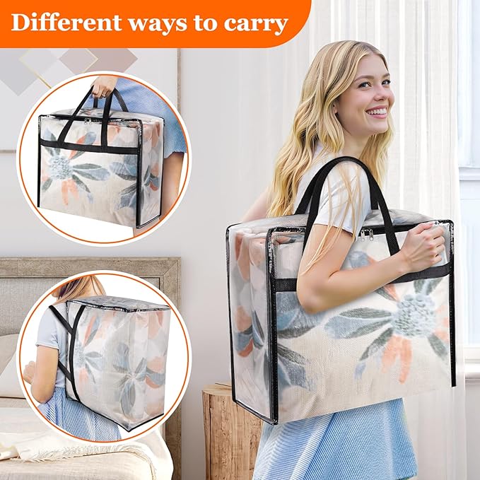 6 Pack Clear Storage Bags for Comforter, Clothes & Bedding, Plastic Blanket Storage with Zipper and Handle, Moving Bags, Closet Organizer and Under-Bed Storage (60L)