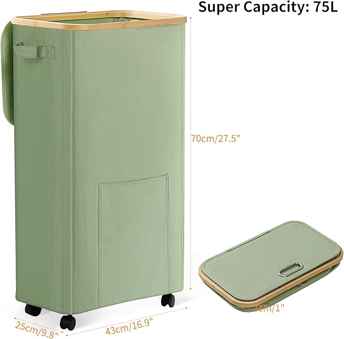 Laundry Basket with Wheels, Dirty Clothes Hamper on Wheels, Rolling Tall Laundry Hamper with lid for Laundry Room, Dorm and Bathroom, 75L Sage Green