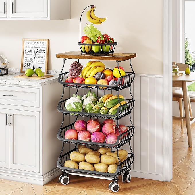 SAYZH Fruit Basket Kitchen Pantry Organizers and Storage - Wooden Top Table, Stackable Metal Wire Basket Stand Cart for Fruit Vegetable Snacks Onion Potato Organization, Black