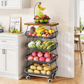 SAYZH Fruit Basket Kitchen Pantry Organizers and Storage - Wooden Top Table, Stackable Metal Wire Basket Stand Cart for Fruit Vegetable Snacks Onion Potato Organization, Black