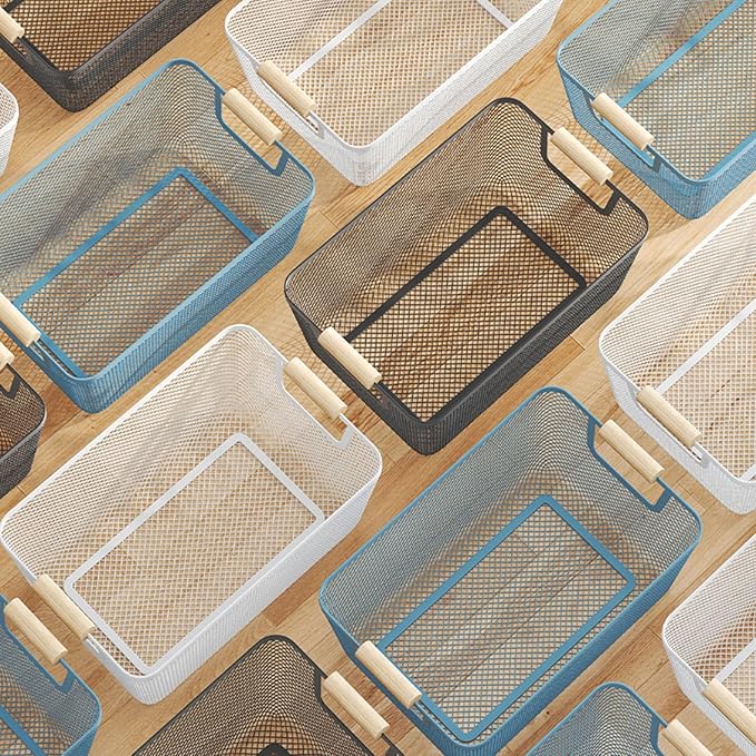Metal Mesh Steel Basket, Small Wire Storage Organizer Baskets Multi-function Hanging Kitchen Basket with Wood Handle for Kitchen Bathroom Picnic Home, Rectangle-Blue